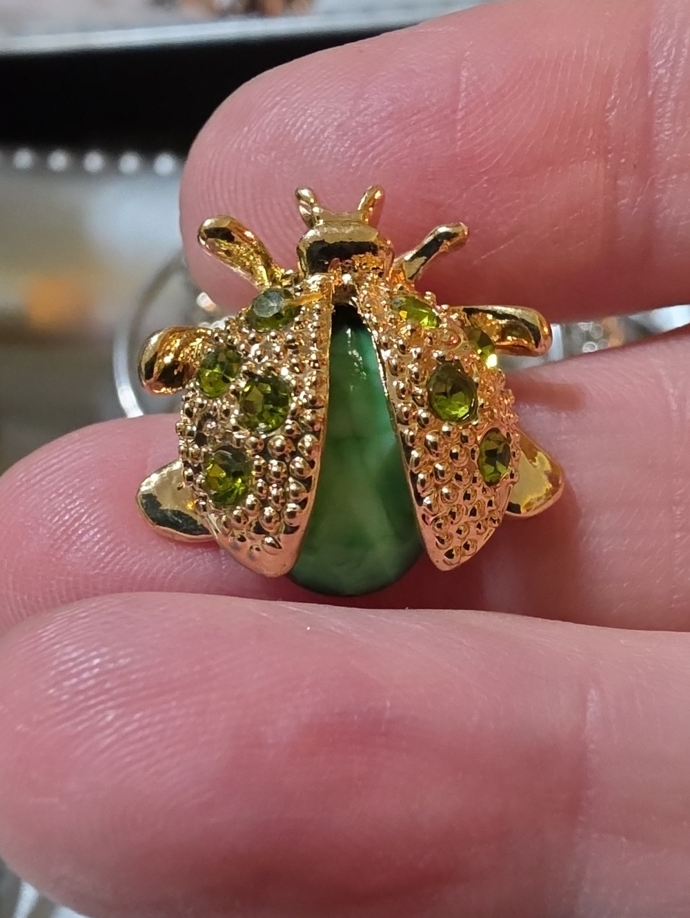 A17- Dainty Green Beetle Brooch with Green Crystals